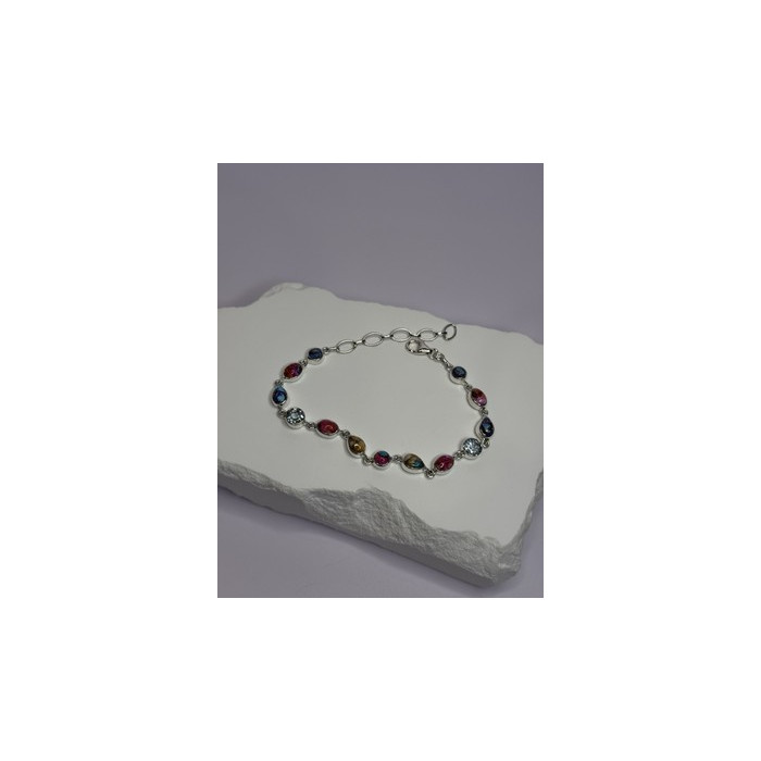 925 Sterling Silver Oyster Turquoise & Topaz Bracelet Length 6-8 Inch