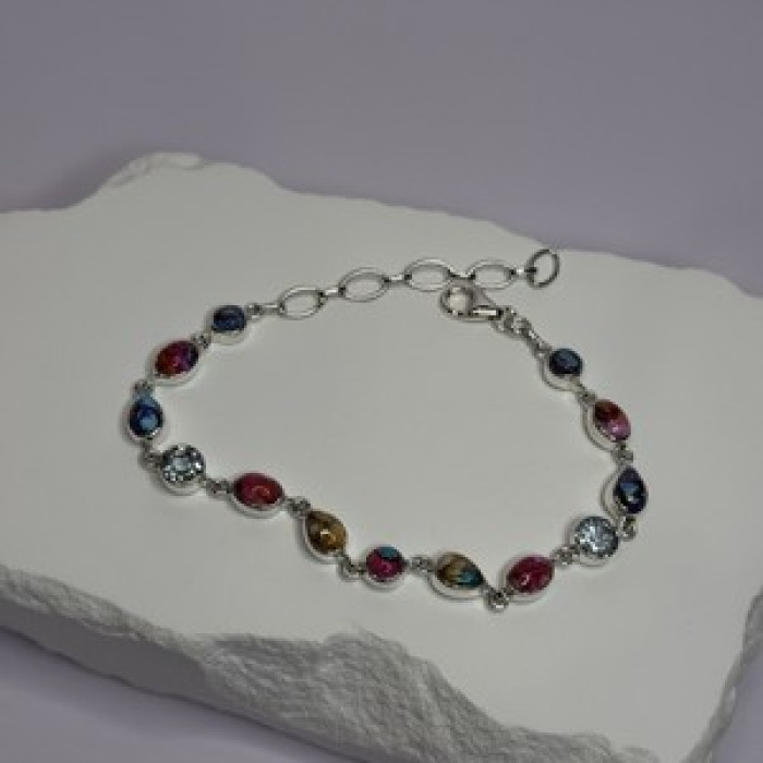 925 Sterling Silver Oyster Turquoise & Topaz Bracelet Length 6-8 Inch