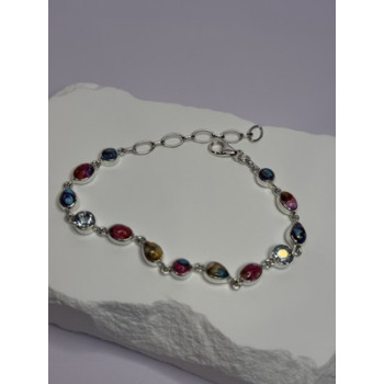 925 Sterling Silver Oyster Turquoise & Topaz Bracelet Length 6-8 Inch