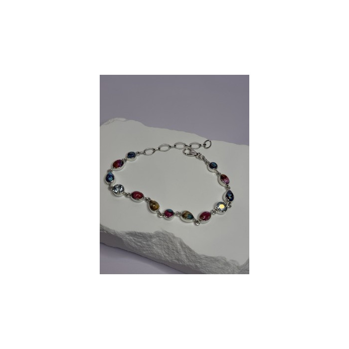 925 Sterling Silver Oyster Turquoise & Topaz Bracelet Length 6-8 Inch