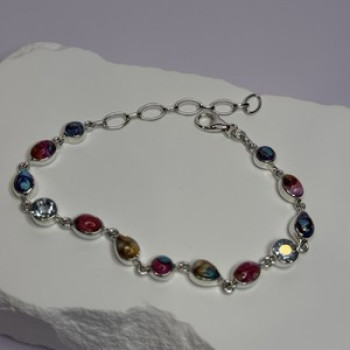 925 Sterling Silver Oyster Turquoise & Topaz Bracelet Length 6-8 Inch