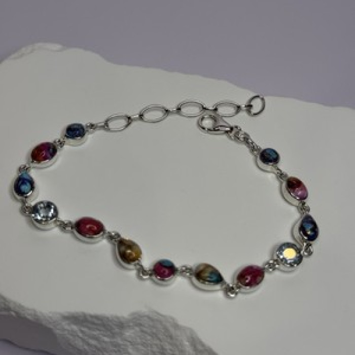 925 Sterling Silver Oyster Turquoise & Topaz Bracelet Length 6-8 Inch