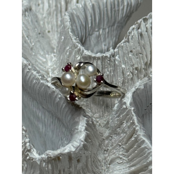 925 STERLING SILVER PEARLS & RUBY RING SIZE 8