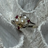 925 Sterling Silver Pearls & Ruby Ring Size 8