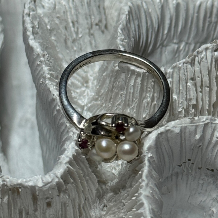 925 Sterling Silver Pearls & Ruby Ring Size 8