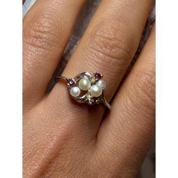 925 STERLING SILVER PEARLS & RUBY RING SIZE 8