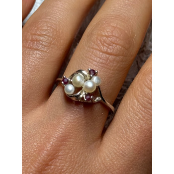 925 STERLING SILVER PEARLS & RUBY RING SIZE 8
