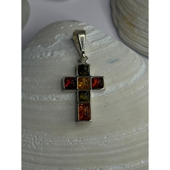 925 Sterling Silver Amber Cross Pendant Length 1.50 inch