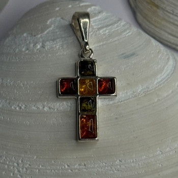 925 Sterling Silver Amber Cross Pendant Length 1.50 Inch