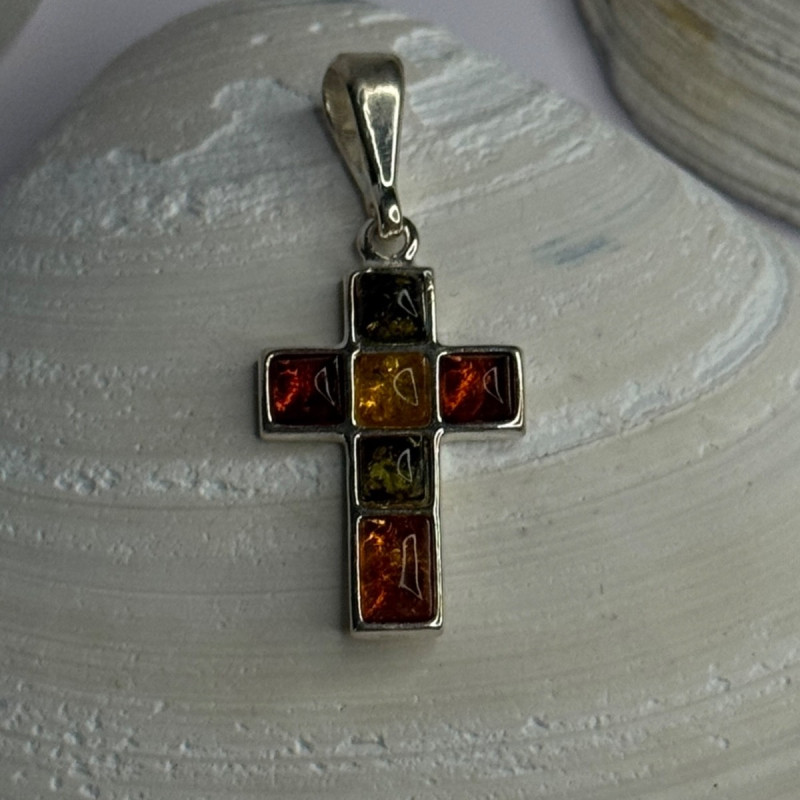 925 Sterling Silver Amber Cross Pendant Length 1.50 Inch