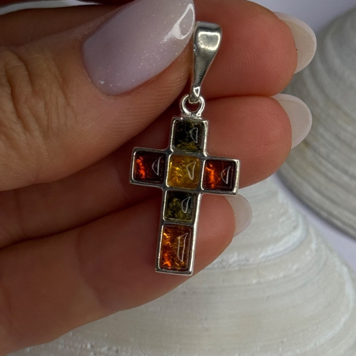 925 Sterling Silver Amber Cross Pendant Length 1.50 Inch
