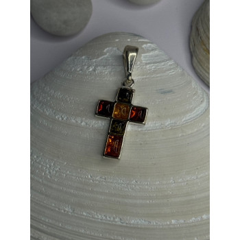 925 Sterling Silver Amber Cross Pendant Length 1.50 inch