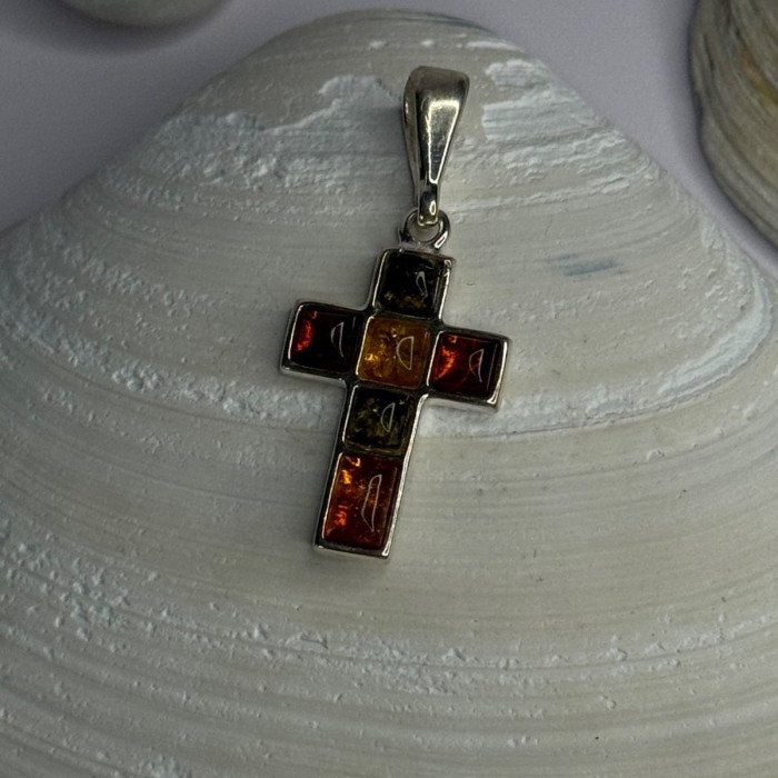 925 Sterling Silver Amber Cross Pendant Length 1.50 Inch