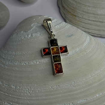 925 Sterling Silver Amber Cross Pendant Length 1.50 Inch