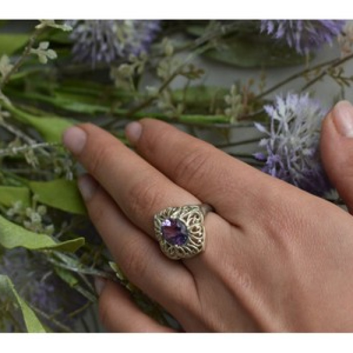 925 Sterling Silver Purple Tourmaline Ring Size 8