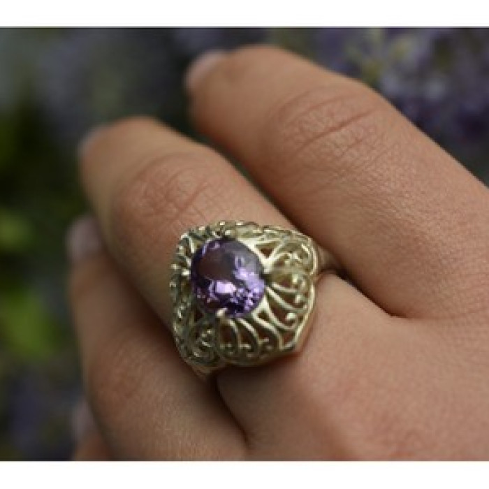 925 Sterling Silver Purple Tourmaline Ring Size 8