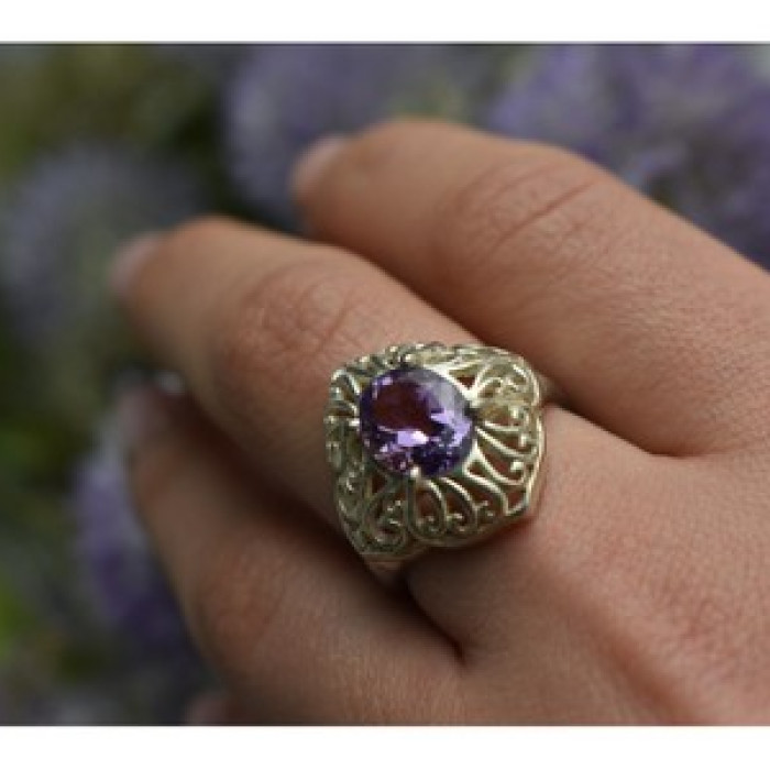 925 Sterling Silver Purple Tourmaline Ring Size 8