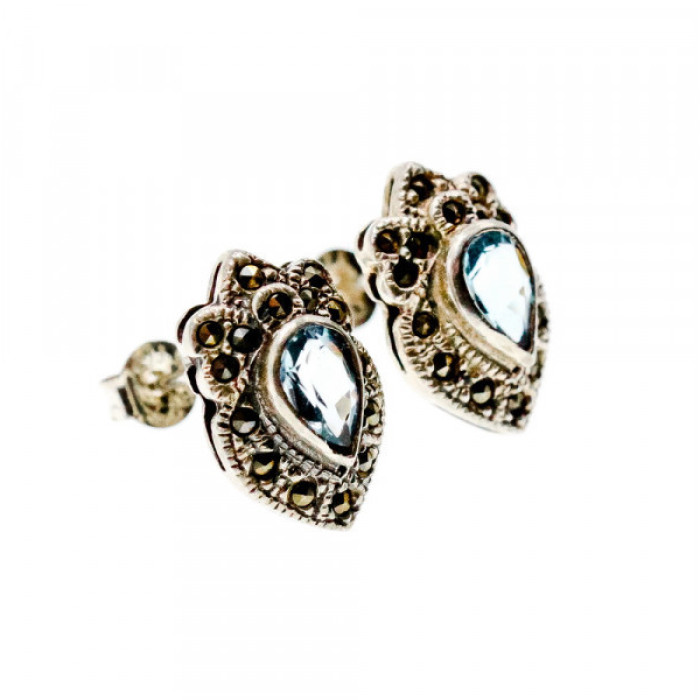 925 Sterling Silver Topaz & Marcasites Stud Earrings