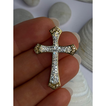 925 Sterling Silver Gold Plated Cz Cross Pendant Length 1.45 inch