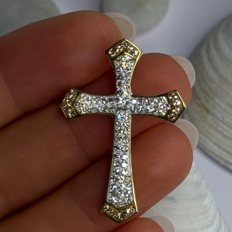 925 Sterling Silver Gold Plated Cz Cross Pendant Length 1.45 Inch