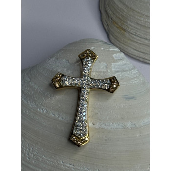 925 Sterling Silver Gold Plated Cz Cross Pendant Length 1.45 inch