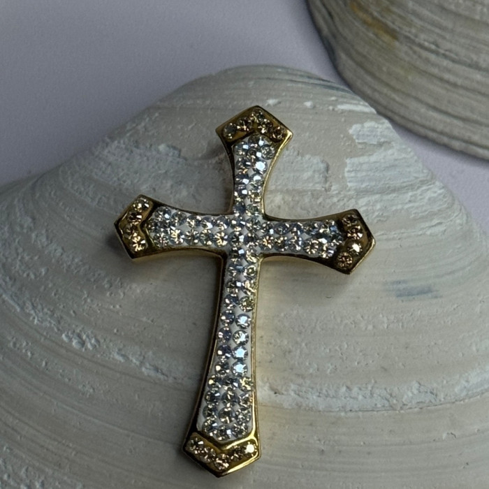 925 Sterling Silver Gold Plated Cz Cross Pendant Length 1.45 Inch