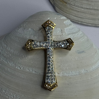 925 Sterling Silver Gold Plated Cz Cross Pendant Length 1.45 Inch