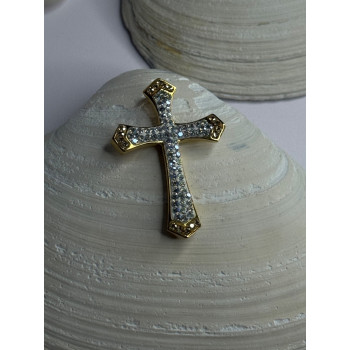 925 Sterling Silver Gold Plated Cz Cross Pendant Length 1.45 inch