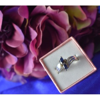925 Sterling Silver Blue Spinel & CZ Ring Size 8