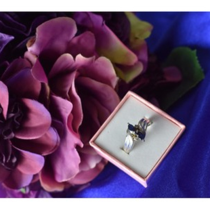 925 Sterling Silver Blue Spinel & CZ Ring Size 8