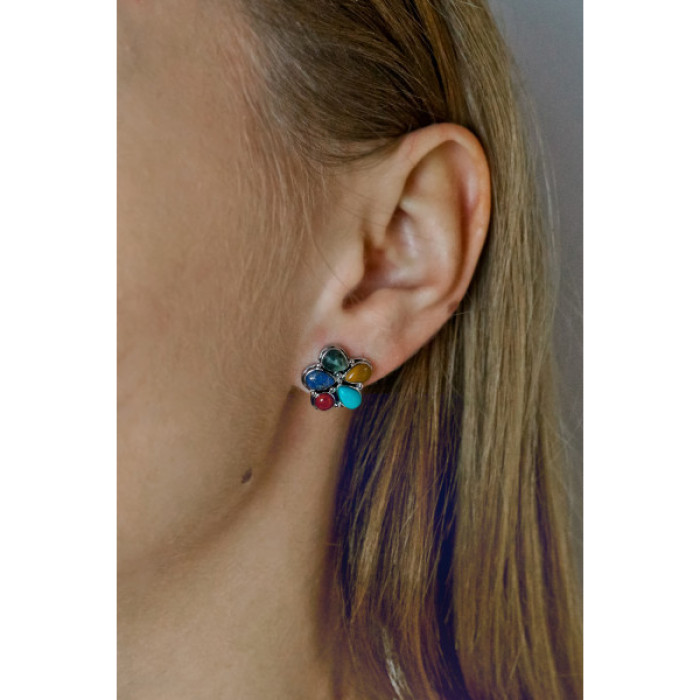 925 Sterling Silver Multicolor Jasper Stud Earrings