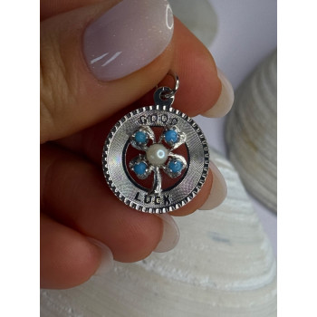 M&M 925 Sterling Silver Good Luck Pearl & Larimar Pendant Length 1.10 inch