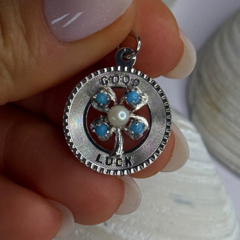 M&M 925 Sterling Silver Good Luck Pearl & Larimar Pendant Length 1.10 Inch