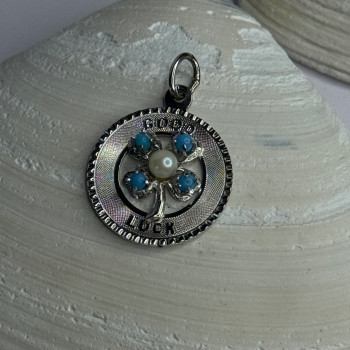 M&M 925 Sterling Silver Good Luck Pearl & Larimar Pendant Length 1.10 Inch