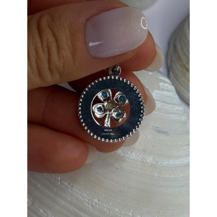 M&M 925 Sterling Silver Good Luck Pearl & Larimar Pendant Length 1.10 inch