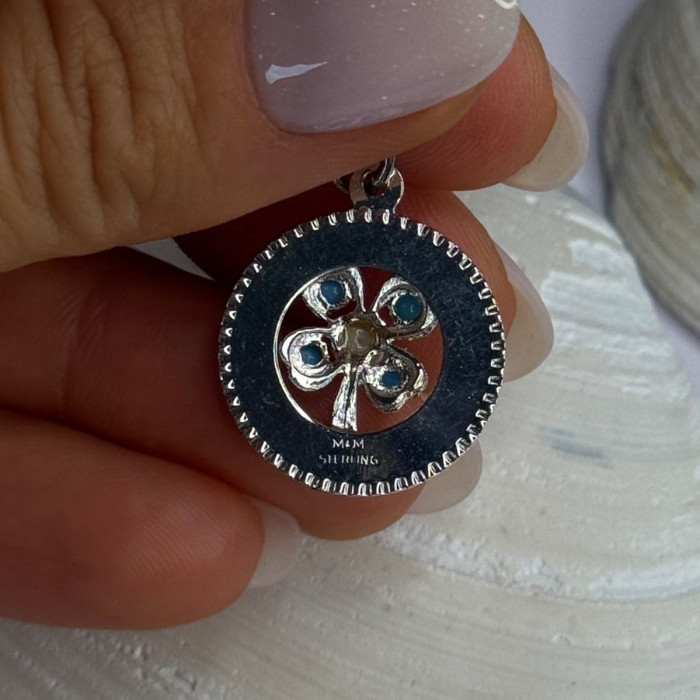 M&M 925 Sterling Silver Good Luck Pearl & Larimar Pendant Length 1.10 Inch
