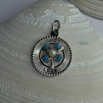 M&M 925 Sterling Silver Good Luck Pearl & Larimar Pendant Length 1.10 Inch