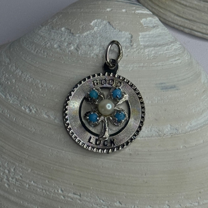 M&M 925 Sterling Silver Good Luck Pearl & Larimar Pendant Length 1.10 Inch