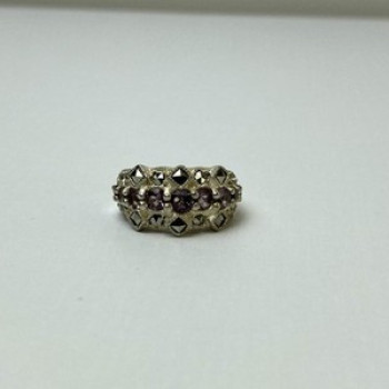 925 Sterling Silver Iolite & Marcasite Ring Size 6.5