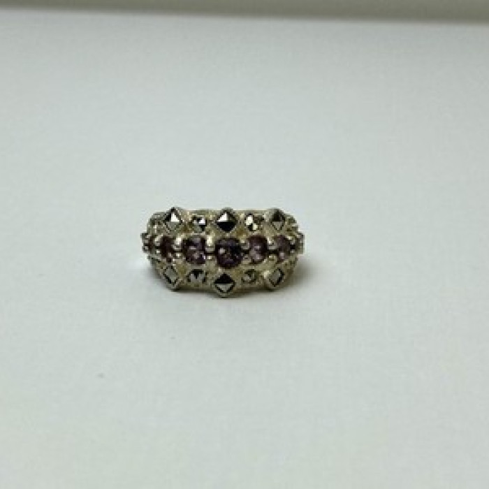 925 Sterling Silver Iolite & Marcasite Ring Size 6.5