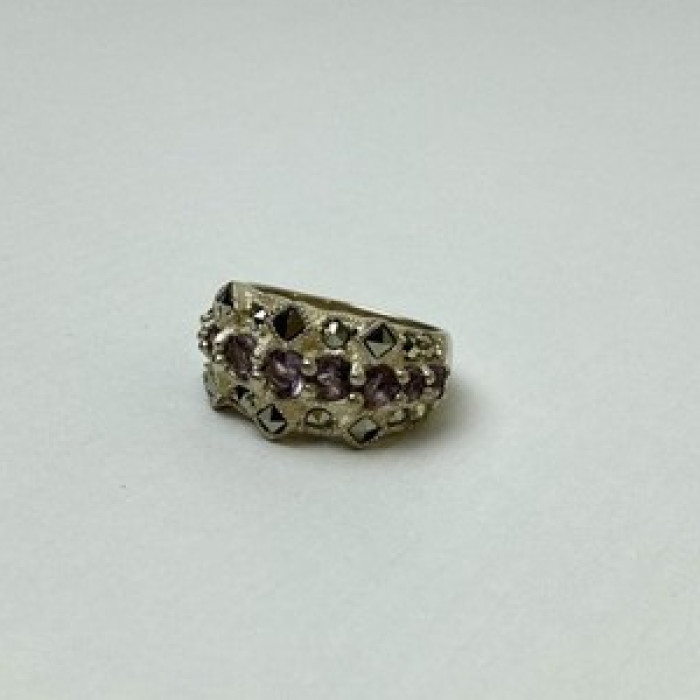 925 Sterling Silver Iolite & Marcasite Ring Size 6.5