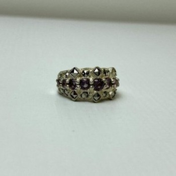 925 Sterling Silver Iolite & Marcasite Ring Size 6.5