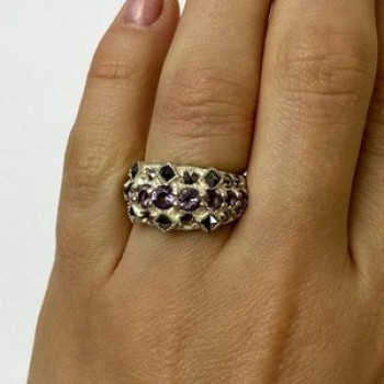 925 Sterling Silver Iolite & Marcasite Ring Size 6.5