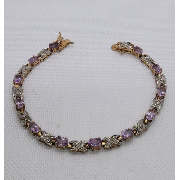 925 STERLING SILVER  VERMEIL MORGANITE AND DIAMONDS BRACELET SIZE 7.25 IN