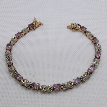 925 Sterling Silver Vermeil Morganite AND Diamonds Bracelet Size 7.25 IN