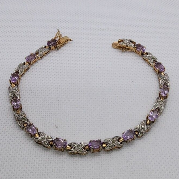 925 Sterling Silver Vermeil Morganite AND Diamonds Bracelet Size 7.25 IN