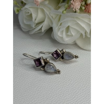 925 Sterling Silver Amethyst & Moonstone Earrings Length 1.30 Inch