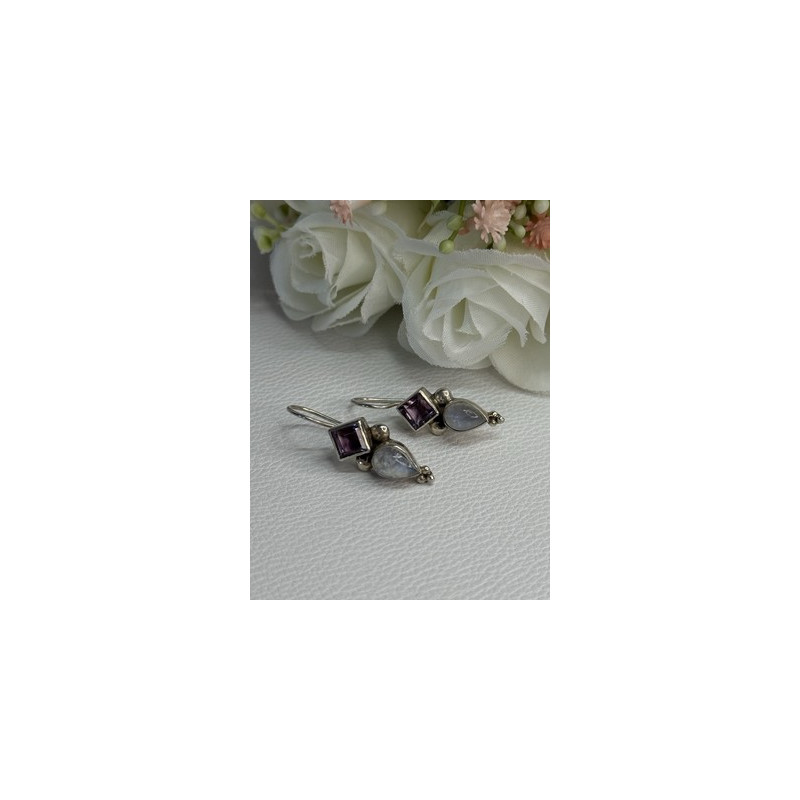 925 Sterling Silver Amethyst & Moonstone Earrings Length 1.30 Inch