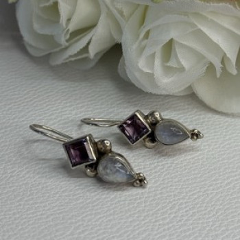 925 Sterling Silver Amethyst & Moonstone Earrings Length 1.30 Inch