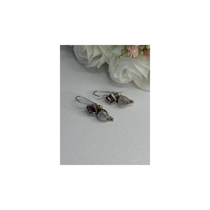 925 Sterling Silver Amethyst & Moonstone Earrings Length 1.30 Inch